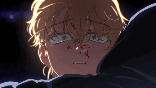a drawing of a person with blood on their face