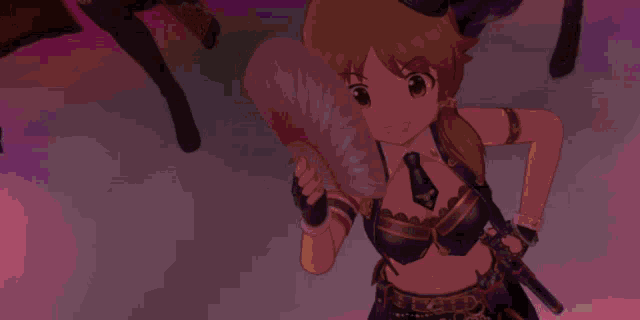 a girl is holding a fan in her hand in a dark room