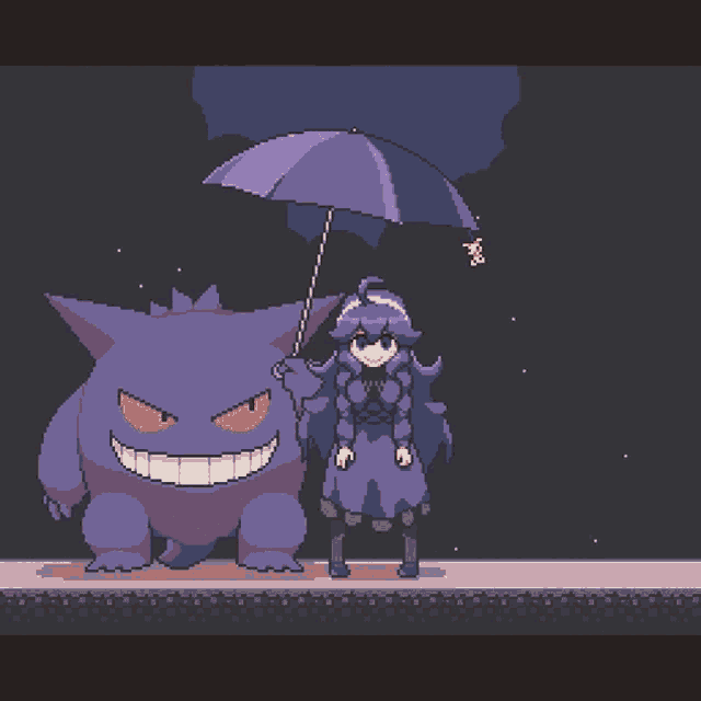 a pixel art drawing of a girl holding an umbrella next to a purple monster