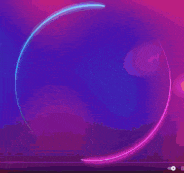 a woman in a white shirt is surrounded by a purple and pink circle