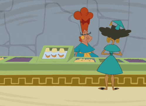 a group of cartoon characters are running in a line