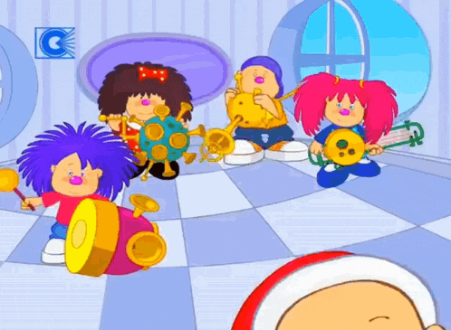 a group of cartoon characters are playing instruments in a room with the letter g in the corner
