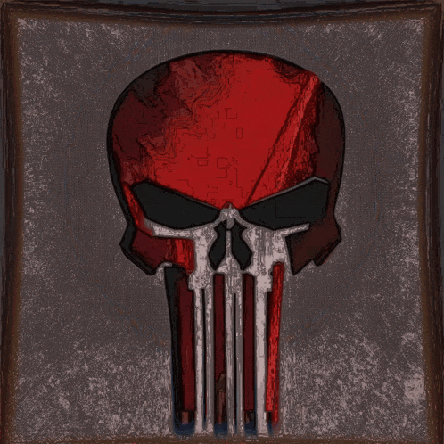 a drawing of a punisher skull with a red background