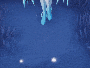 a girl in a blue dress and blue boots is walking in the dark