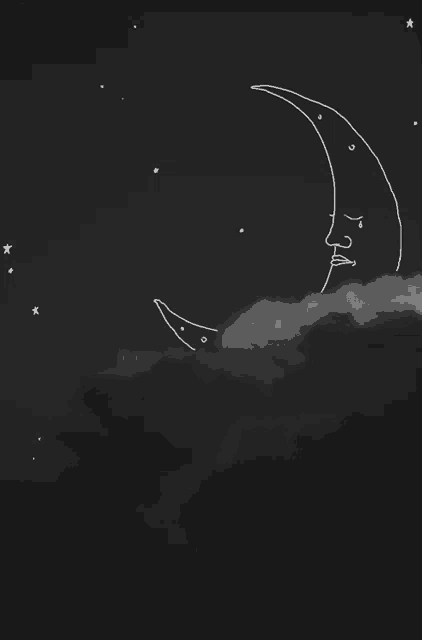 a black and white drawing of a crescent moon with a face on a cloud