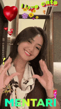 a woman making a heart shape with her hands and the word mentari on the bottom right