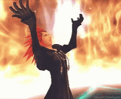 a cartoon character with red hair is standing in front of a fire .