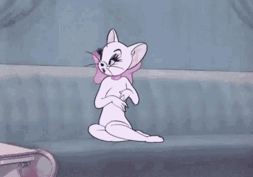 a cartoon of tom and jerry with a cat wearing a pink bow around her neck