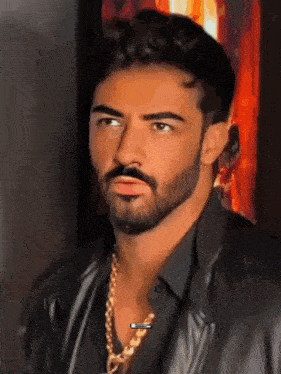 a man with a beard wearing a black leather jacket and a gold chain around his neck