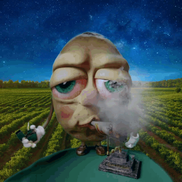 a cartoon character is smoking a pipe in front of a statue of liberty