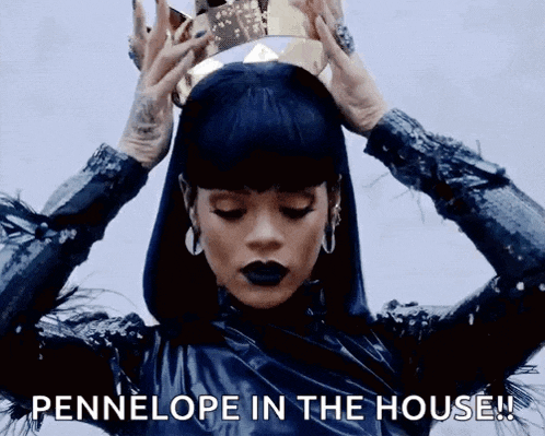 a woman wearing a crown with the words penelope in the house