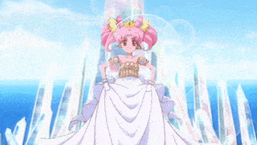 a girl with pink hair is wearing a white dress with a crown on her head