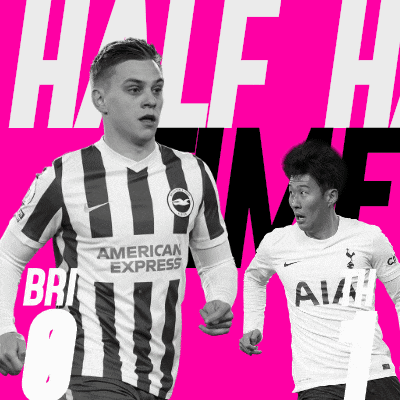 two soccer players on a pink background with half time written on the bottom