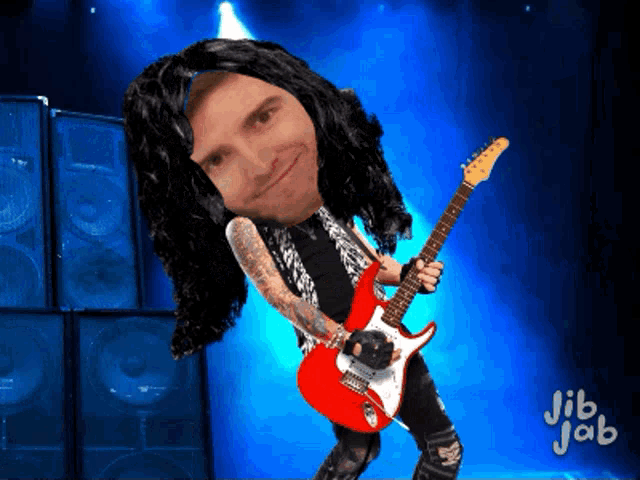 a cartoon of a man playing a guitar with jib jab written on the bottom right