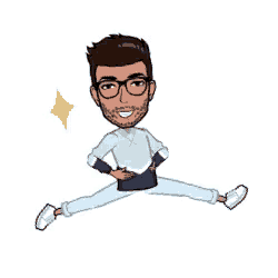a cartoon of a man wearing glasses and a blue shirt is jumping in the air .