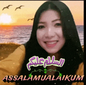 a woman is smiling in front of the ocean with the words assalamualaikum written on the bottom