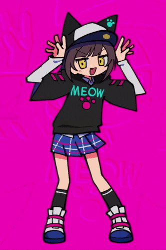 a drawing of a girl wearing a black meow shirt