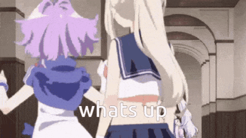 a couple of anime girls standing next to each other with the words whats up written on the bottom