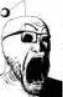 a black and white drawing of a man 's face with his mouth open and glasses .