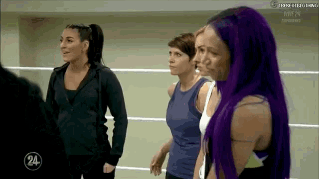 a group of women with purple hair are standing in a gym with the number 24 on the bottom right