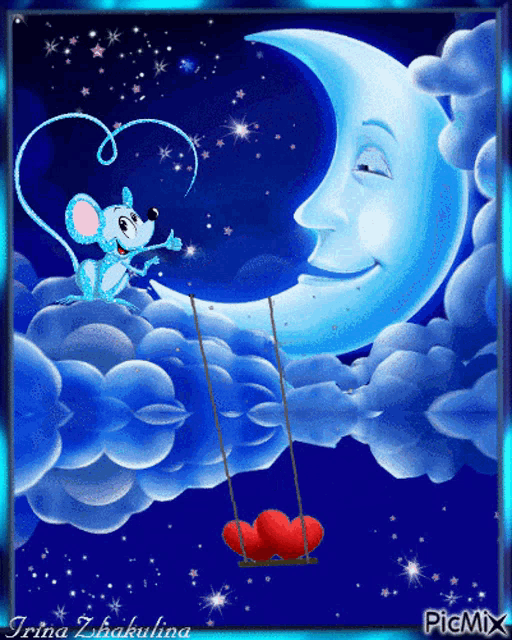 a picture of a mouse on a swing in front of a smiling crescent moon by irina zhakulina