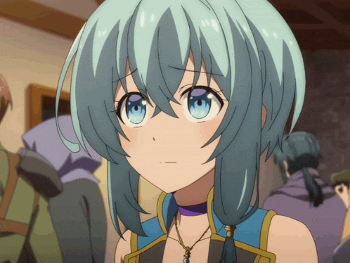 a close up of a girl with blue hair and a necklace