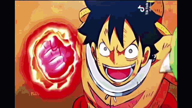 a cartoon of luffy from one piece is holding a fist in front of a red circle .