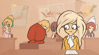 a cartoon drawing of a girl in a classroom