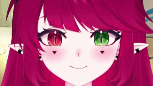 a close up of a girl with pink hair and green eyes .