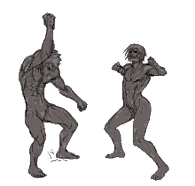 a couple of naked men are standing next to each other and boxing .
