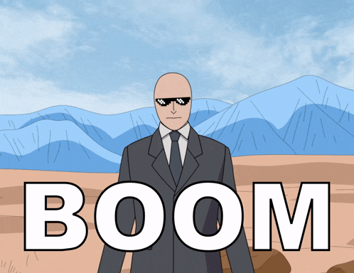 a man in a suit and tie is standing in front of mountains and the word boom is above him