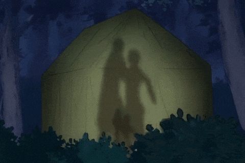 a cartoon of a man looking at a tent with the caption wh-what 's going on