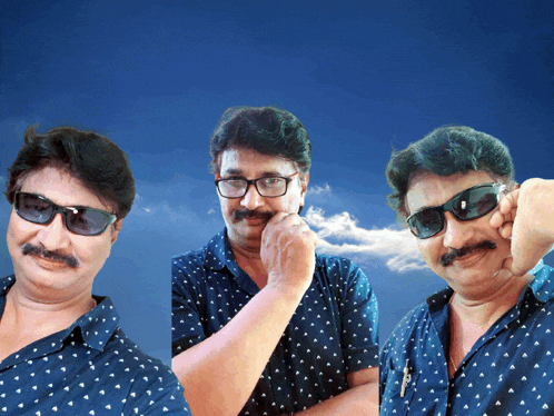 a man with glasses and a mustache wears a blue shirt