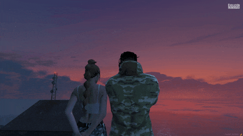a man and a woman are looking at a sunset in a game