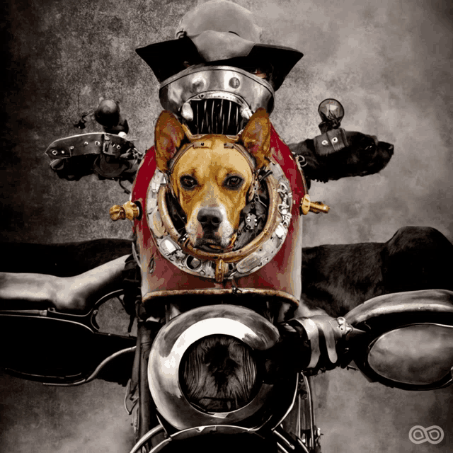 a dog on a motorcycle with a helmet on its head
