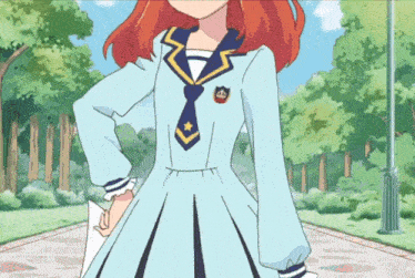 a girl with red hair is wearing a school uniform