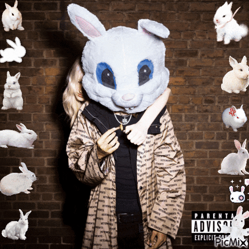 a person wearing a bunny mask with a parental advisory sticker on it