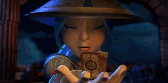 a cartoon character with blue hair and a hat is holding a fireball .