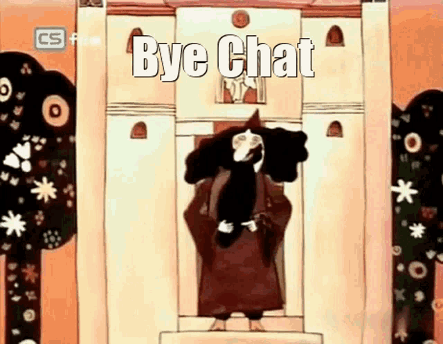 a cartoon character is standing in front of a building with the words bye chat written on it