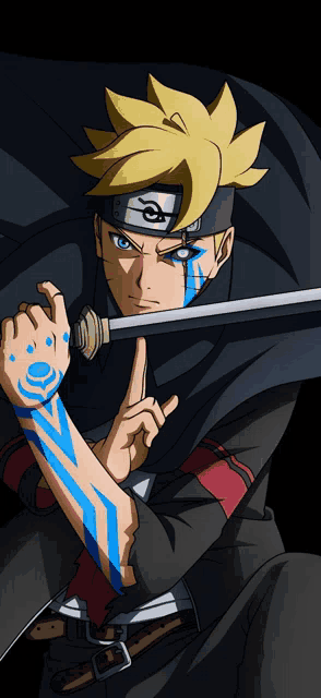 a cartoon of a man holding a sword with a blue stripe on his arm