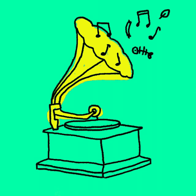 a drawing of a phonograph playing music with a green background