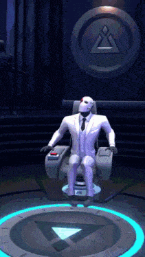a man in a suit and tie is sitting in a chair with a triangle on the wall behind him