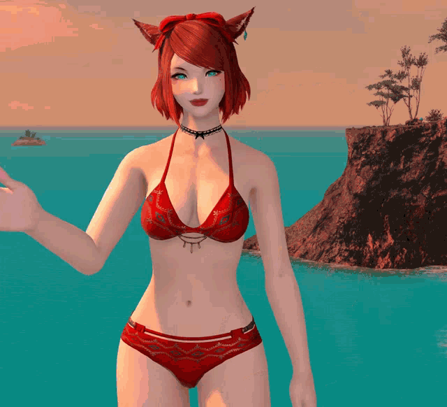 a woman in a red bikini is standing on a beach