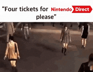 a group of people walking down a street with the words " four tickets for nintendo direct please " on the bottom