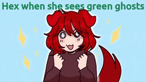 a cartoon drawing of a girl with red hair and the words hex when she sees green ghosts