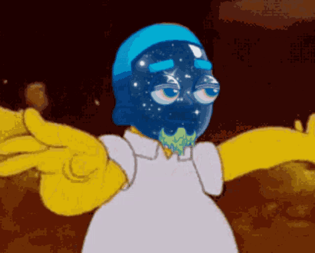 a cartoon character with a blue face and a yellow arm