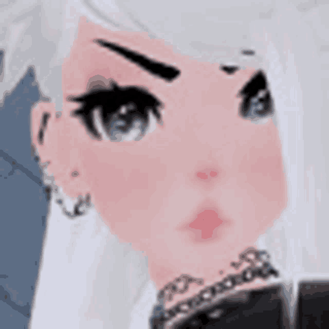 a close up of a girl 's face with white hair and a necklace .