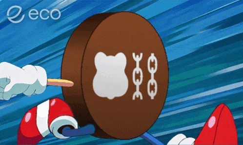 a cartoon character is holding a stick in front of a round object that says eco on the bottom