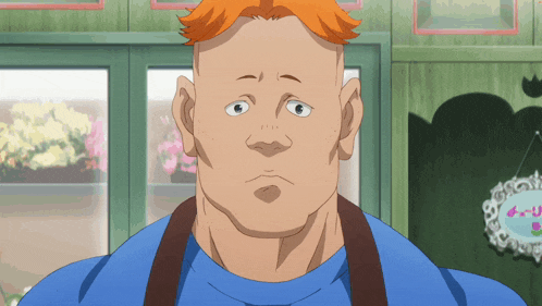 a man in a blue shirt stands in front of a sign that says " flowers "