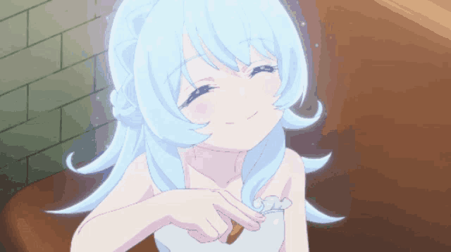 a girl with blue hair is smiling and holding a cup